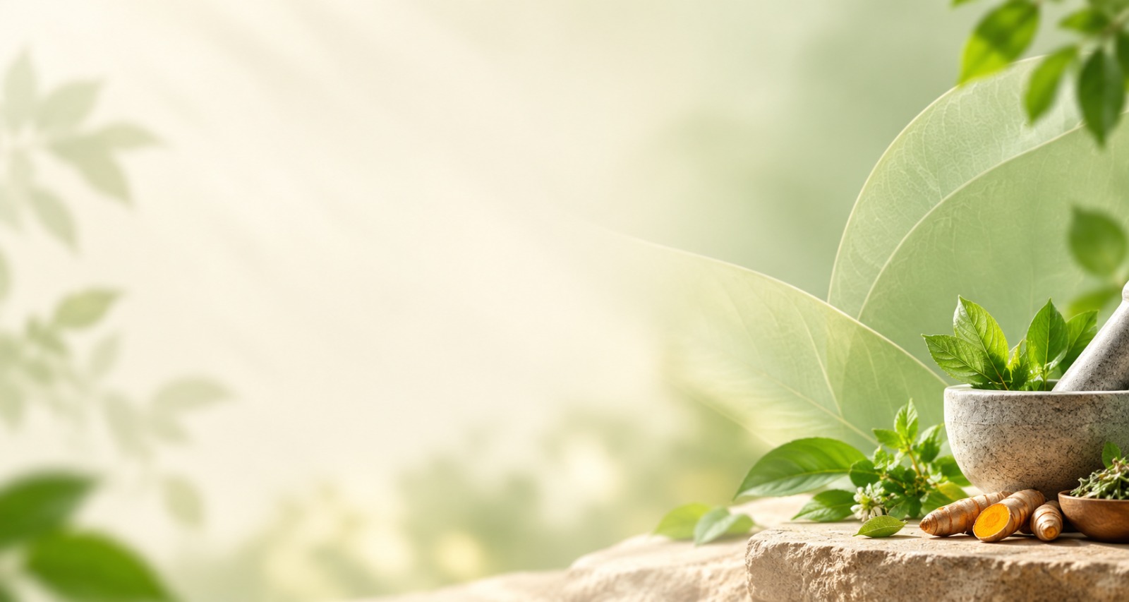 Ayurvedic herbs, mortar and pestle background